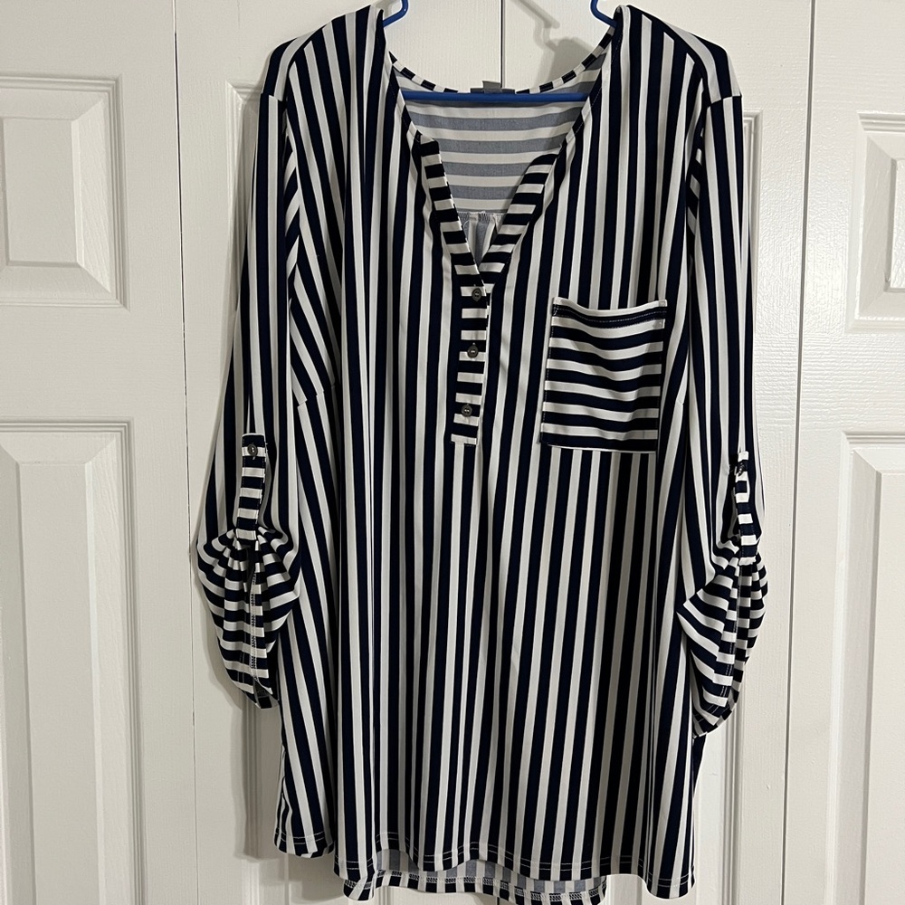 Avenue Navy and White Striped Button Shirt